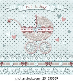 Vintage It's a Boy card. Vector polka dot background with baby carriage, laces, hearts, flowers and bows. Seamless pattern.