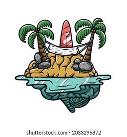 vintage brain island concept surfing cartoon illustration element for t shirt design and poster