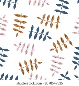Vintage branch seamless pattern isolated on white background. Abstract floral ornament. Retro botanical backdrop. Design for fabric , textile print, surface, wrapping, cover. Vector illustration.