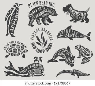 Vintage Branding and Marketing Labels - Textured animal-shaped advertisement signs for outerwear, water polo club, apparel, gardening, etc. 