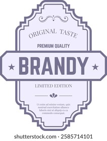 Vintage brandy label design highlighting original taste, premium quality, and limited edition status, featuring elegant typography and decorative elements