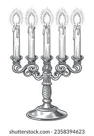 Vintage brass candelabra with five burning candles in engraving style. Hand drawn candlestick sketch vector illustration