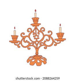 Vintage brass candlestick for three candles. Elegant antique or Scandinavian candelabrum. Colorful vector isolated illustration hand drawn icon or card. Single element clip art