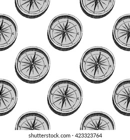 Vintage brass compass. Seamless background pattern. Hand drawn illustration