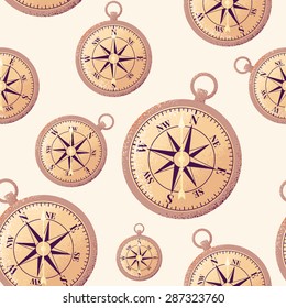 Vintage brass compass seamless pattern. Retro vector background