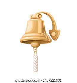 Vintage brass ships bell, cartoon nautical equipment. Ancient alarm ring with rope on boat deck to call sailors and captain, cartoon antique and retro metal bell of old sailboat vector illustration