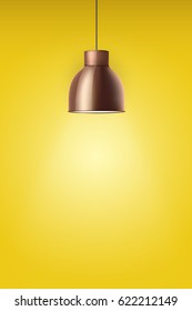 Vintage Brass stylish cone lamp on yellow painting wall. Original Retro design. Hang ceiling model. Vector illustration Isolated on white background.