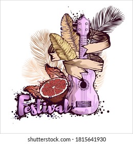 Vintage Brazilian guitar, grapefruit, palm branches. Festival poster, pink and purple color.
