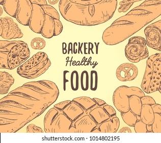 Vintage bread banner with text in the center. ulinary design with different kinds of baking. Vector template for bakery shop labels or menu, recipe design.