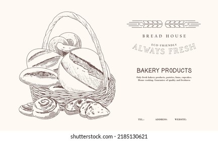 Vintage bread basket. Bread sketch illustration. Bakery shop template