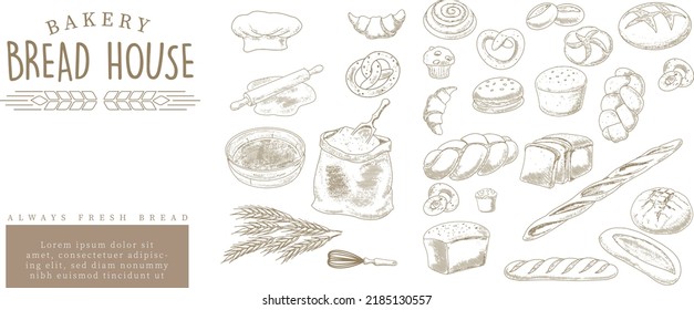 Vintage bread menu design template, cookies and bread doodle sketch. Baking, bakery shop, cooking, sweet products, dessert, pastry. Cook's cap, rolling pin, whisk, bag of flour, potholder, dough, whea