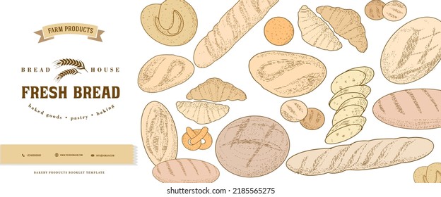 Vintage Brot Menü-Design-Vorlage, Cookies und Brot-Doodle-Skizze. Bäckerei handgezeichnet Poster. Backen, Bäckerei, Kochen, süße Produkte, Dessert, Gebäck.