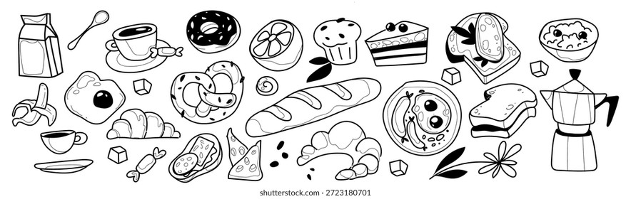 Vintage breakfast chalk doodles set on white background. Vector illustration of coffee cups and kettles, croissant, fried eggs on plate, jam toast, oatmeal bowl, fresh morning food, cafe menu icons