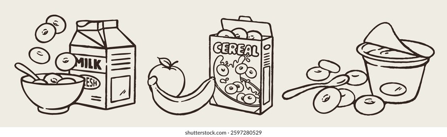 Vintage Breakfast Illustration – Hand-Drawn Cereal, Milk, and Fruit Sketch