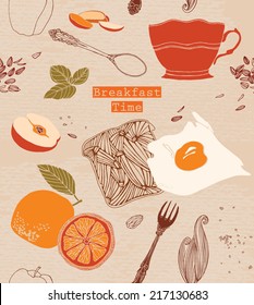 Vintage Breakfast Poster. Vector illustration. Breakfast including coffee, bread, fried egg, and fruits.