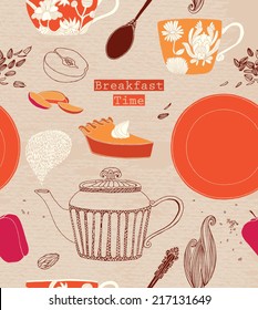 Vintage Breakfast Poster. Vector illustration. Breakfast including tea, piece of cake and fruits.