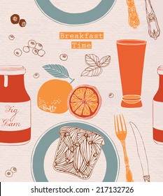 Vintage Breakfast Poster. Vector illustration. Breakfast including bread, jam, orange juice and fruits.