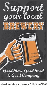 Vintage Brewery Beer Poster - Chalkboard Vector Illustration Sign. Support your local brewery. Removable texture.