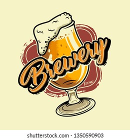 Vintage brewery colorful concept with glass of beer on light background isolated vector illustration