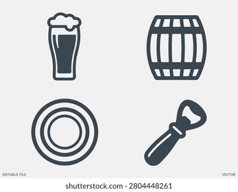 Vintage brewery elements vector illustration with beer glass barrel bottle opener and coaster set icon