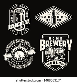 Vintage brewery emblems with beer aluminum can bottle wooden casks wheat ears on dark background isolated vector illustration