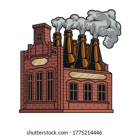 Vintage brewery funny colorful concept with beer bottles instead of chimneys isolated vector illustration