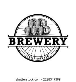 Vintage brewery logo template with beer wooden barrel isolated vector illustration