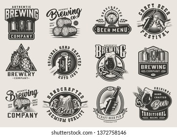 Vintage brewery monochrome emblems with beer glass bottle cans wooden barrels brewing machine hop cones pretzel barley ears bottle opener isolated vector illustration