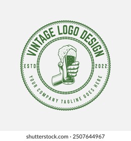 Vintage brewery monochrome logo template for whiskey wine beer badge emblem retro badge logo for beer house, bar, brewing company, brewery, wine, tavern, restaurant (glass, barrel, mug, hop icons) set