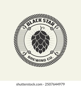 Vintage brewery monochrome logo template for whiskey wine beer badge emblem retro badge logo for beer house, bar, brewing company, brewery, wine, tavern, restaurant (glass, barrel, mug, hop icons) set