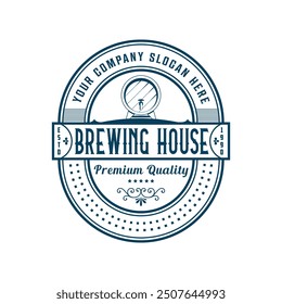 Vintage brewery monochrome logo template for whiskey wine beer badge emblem retro badge logo for beer house, bar, brewing company, brewery, wine, tavern, restaurant (glass, barrel, mug, hop icons) set
