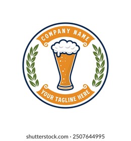 Vintage brewery monochrome logo template for whiskey wine beer badge emblem retro badge logo for beer house, bar, brewing company, brewery, wine, tavern, restaurant (glass, barrel, mug, hop icons) set