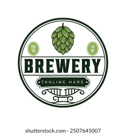 Vintage brewery monochrome logo template for whiskey wine beer badge emblem retro badge logo for beer house, bar, brewing company, brewery, wine, tavern, restaurant (glass, barrel, mug, hop icons) set