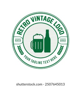 Vintage brewery monochrome logo template for whiskey wine beer badge emblem retro badge logo for beer house, bar, brewing company, brewery, wine, tavern, restaurant (glass, barrel, mug, hop icons) set