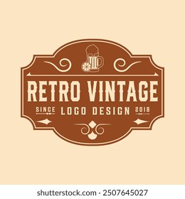 Vintage brewery monochrome logo template for whiskey wine beer badge emblem retro badge logo for beer house, bar, brewing company, brewery, wine, tavern, restaurant (glass, barrel, mug, hop icons) set