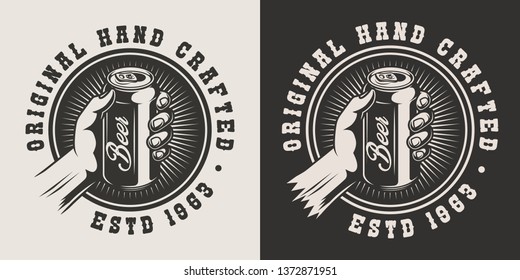 Vintage Brewery Monochrome Print With Male Hand Holding Beer Can Isolated Vector Illustration