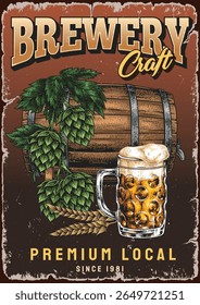 Vintage brewery sign displays a frosty mug of beer next to a wooden barrel and hops. The design highlights a local craft brewery emphasizing quality and tradition.