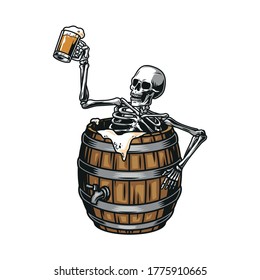 Vintage brewing colorful concept with drunk skeleton sitting in beer wooden barrel and holding mug full of foamy drink isolated vector illustration