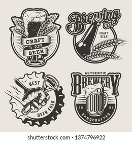 Vintage brewing emblems set with beer glass bottle mug barley ears metal cap and male hand holding bottle opener isolated vector illustration