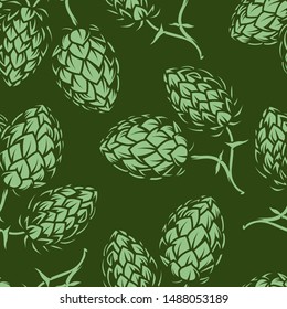 Vintage brewing green seamless pattern with hop cones silhouettes vector illustration