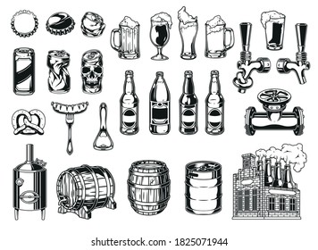 Vintage brewing icons composition with beer elements in monochrome style isolated vector illustration