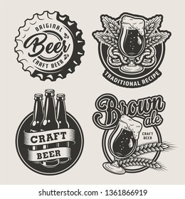 Vintage brewing logos set with beer cap glasses bottles barley ears and pretzel on light background isolated vector illustration