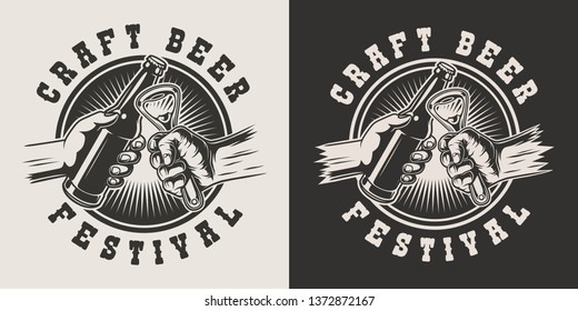 Vintage brewing monochrome badge with male hands clinking bottle and bottle opener isolated vector illustration