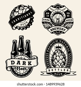 Vintage brewing monochrome badges set with hop cones beer bottles cap wooden barrel isolated vector illustration