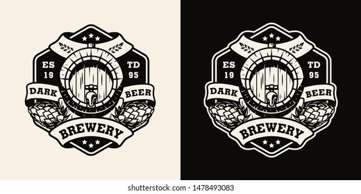 Vintage brewing monochrome emblem with beer wooden barrel and hop cones isolated vector illustration