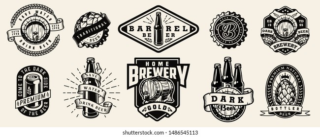 Vintage brewing monochrome emblems with beer bottles aluminum can wooden casks cap hop cones wheat ears isolated vector illustration