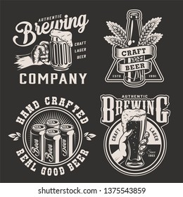 Vintage brewing monochrome logotypes with cans bottle wheat ears male hands holding mug and glass of craft beer isolated vector illustration
