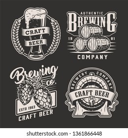 Vintage brewing prints with beer glass barley ears wooden casks hop cones in monochrome style isolated vector illustration