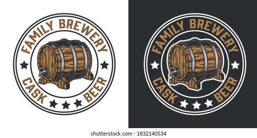 Emblema redondo de fabricación vintage con barril de madera de cerveza con ilustración vectorial aislada de grifo