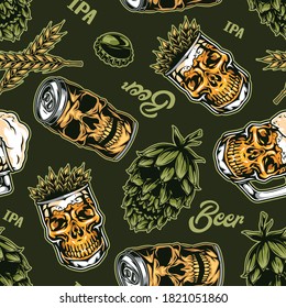 Vintage brewing seamless pattern with beer glasses mugs aluminum cans hop cones in skull shapes on green background vector illustration